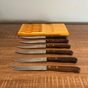 Vintage Boker Tree Brand Steak Knives  ~  Set of 6 with Wood Holder